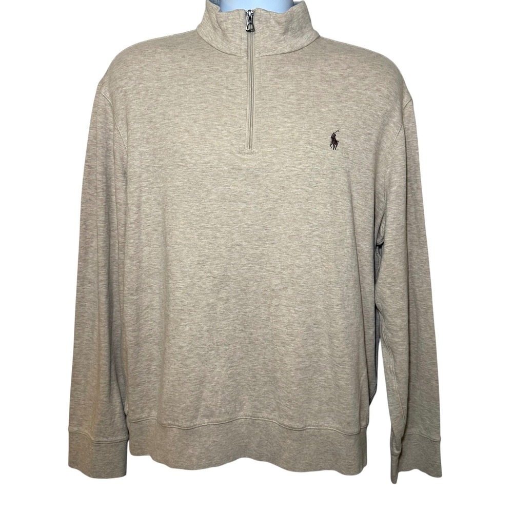 Polo Ralph Lauren Mens Large 1/4 Zip Pullover Heather Beige Cotton Blend Sweater
